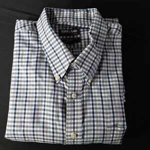 Kirkland Signature‎ Men's Traditional Blue Plaid Long Sleeve Button-Down Shirt
